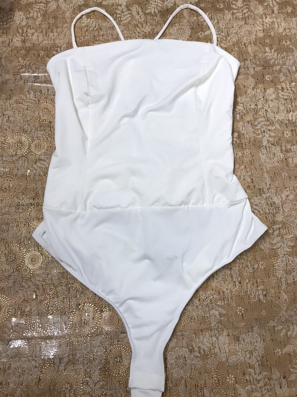 Lulus White Back Cutout Bodysuit Thong Size Med Ruched Soft Strappy Ties on back